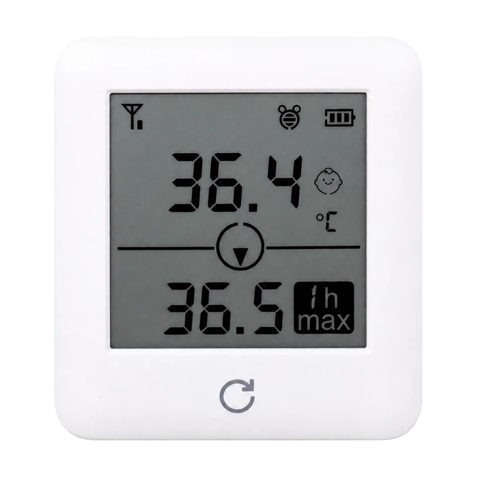 Front view of the P20 bedside temperature monitor showing the current body temperature and the one-hour maximum on one screen