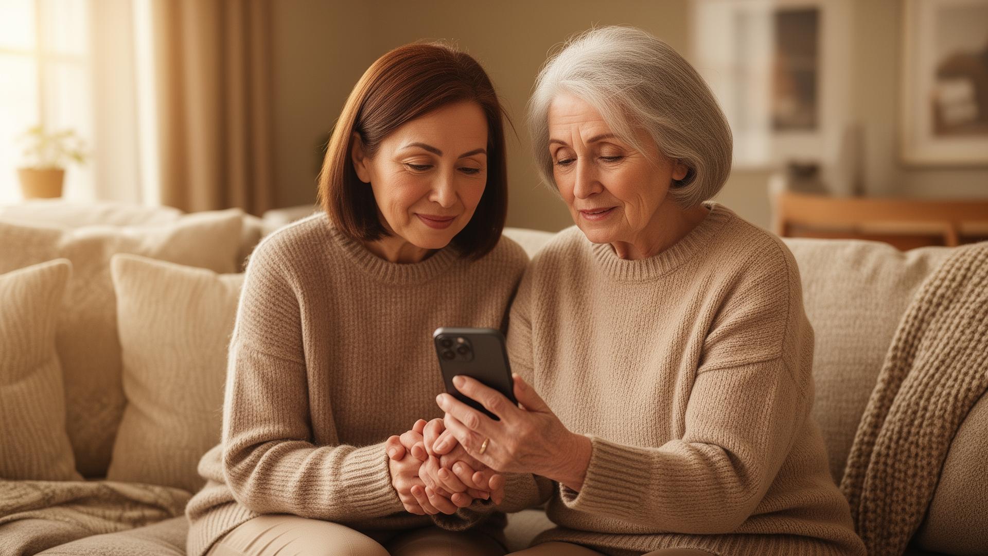 Family members reviewing an elderly relative's live temperature readings together in the app